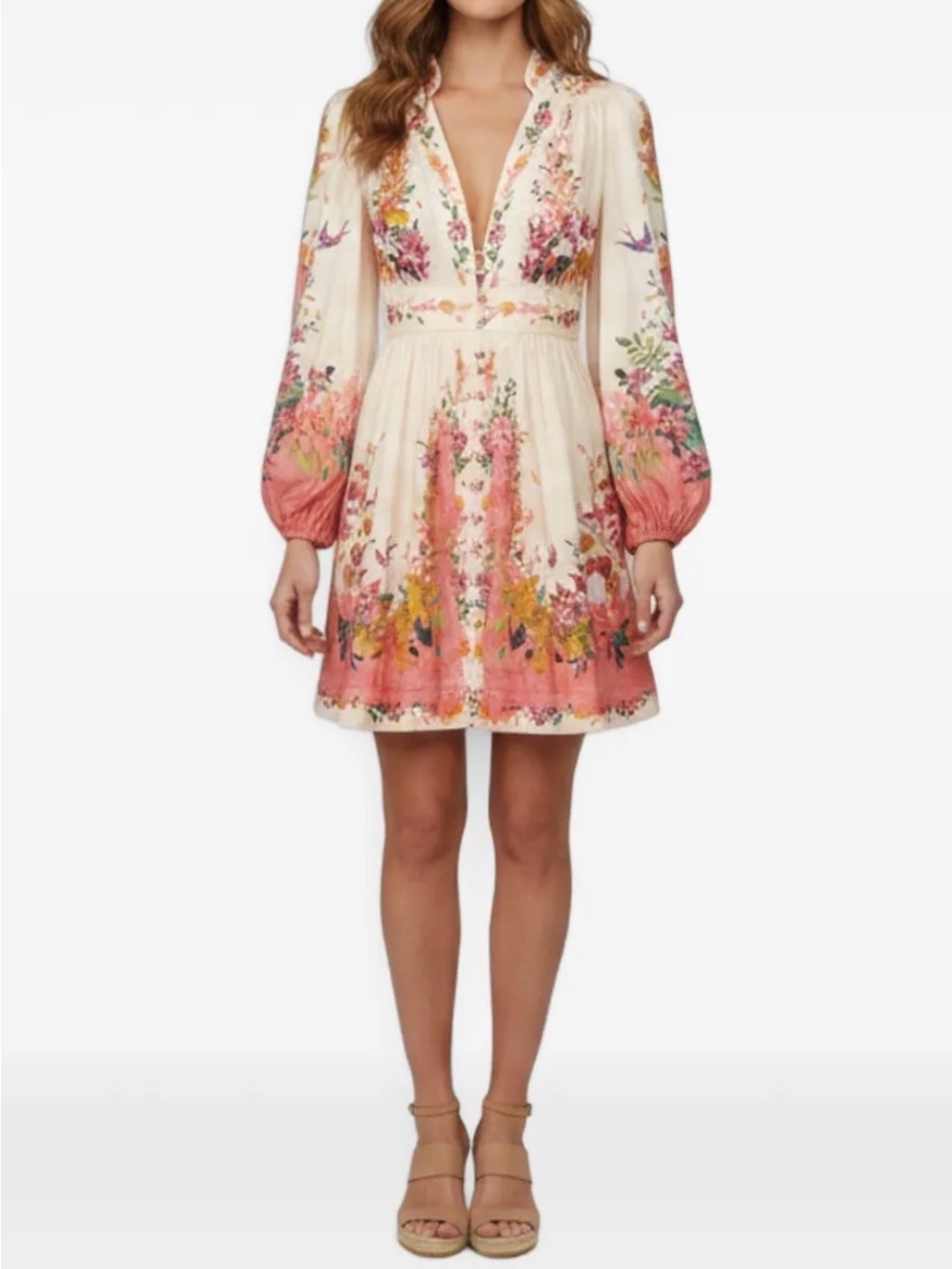 Zimmerman Tropicana Linen Floral V-Neck Long Sleeve Mini Dress  Size 1